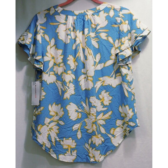 NWT Liz Claiborne Blue Hawaiian Floral Short Sleeve V-Neck Blouse Women's Small - Picture 2 of 7